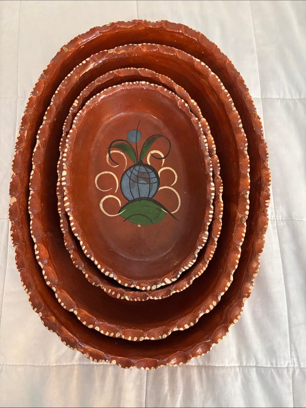Hand-Painted Mexican Terracotta Nesting Oval Bowls with Floral Motif set of 4